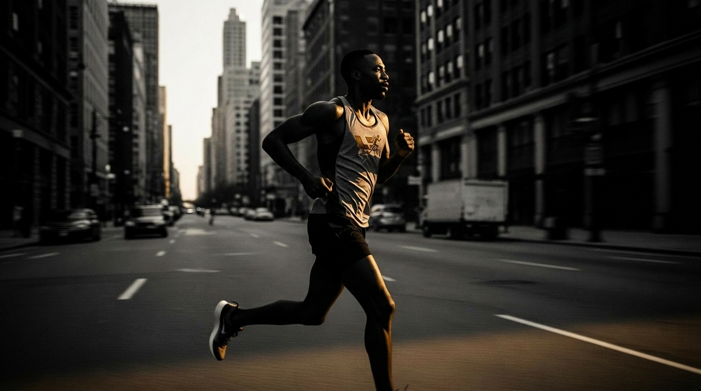 Runner mid-stride on an empty Chicago street at dawn