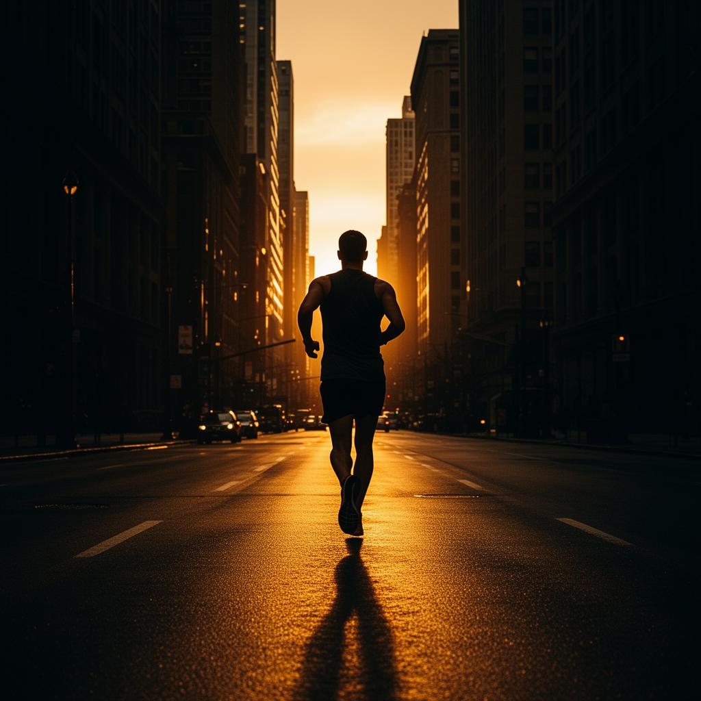 A lone runner at dawn on an empty Chicago street